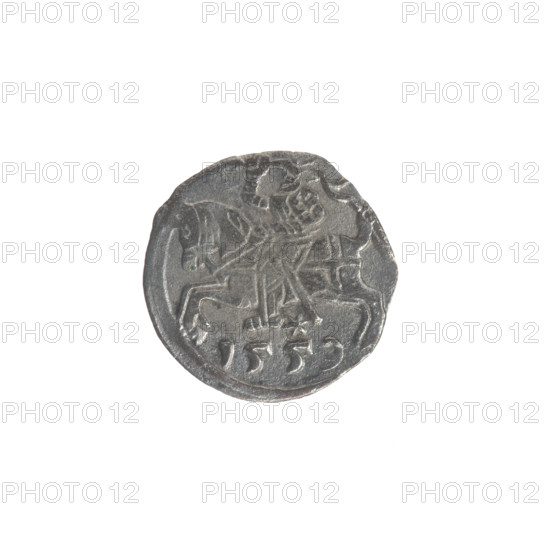 Lithuanian denarius of Sigismund II Augustus (King of Poland; 1544–1572), featuring emblems of the Jagiellon dynasty. Obverse: Polish Eagle in the rim. Reverse: Lithuanian Pursuer in the rim, below the year 1559. Coin from Vilnius, Grand Duchy of Lithuania. Diameter 11.5–12.0 mm; weight 0.32 g.