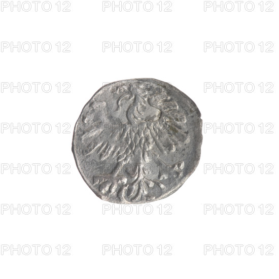 Lithuanian denarius, Sigismund II Augustus (King of Poland; 1544–1572); emblems of the Jagiellon dynasty; Polish coin featuring eagles and the Lithuanian Pursuer emblem. Obverse: Polish Eagle in the rim. Reverse: Lithuanian Pursuer in the rim, below the year 1559. Dated 1559. Grand Duchy of Lithuania, Poland, Vilnius. Coin; diameter 11.5–12.5 mm; weight 0.3 g.