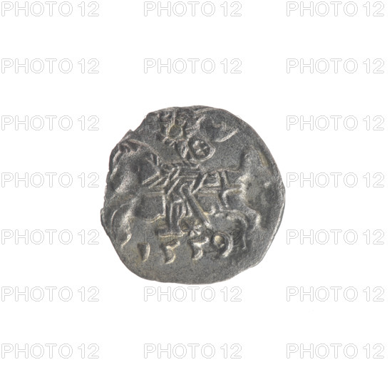 Lithuanian denarius, Sigismund II Augustus (King of Poland; 1544–1572); emblems of the Jagiellons dynasty; Polish coins; motifs: eagle (obverse, in the rim) and Pursuer (reverse, in the rim); below the year 1559 on the reverse: 1559; Poland, Grand Duchy of Lithuania, Vilnius; coin; diameter 11.8–12.2 mm; weight 0.28 g