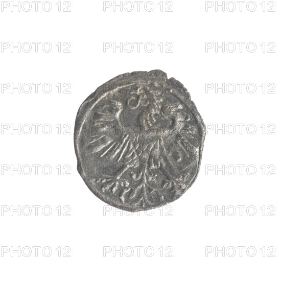 Lithuanian denarius, Sigismund II Augustus (King of Poland; 1544–1572); emblems of the Jagiellons dynasty; Polish coins; motifs: eagle (obverse, in the rim) and Pursuer (reverse, in the rim); below the year 1559 on the reverse: 1559; Grand Duchy of Lithuania, Vilnius; coin; diameter 12.0–13.5 mm; weight 0.32 g