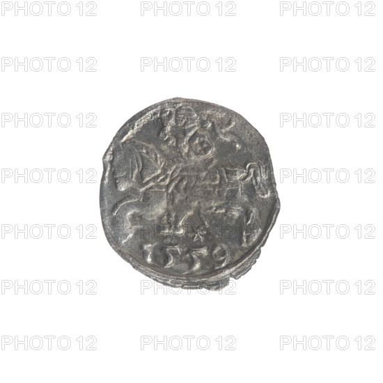 Lithuanian denarius, Sigismund II Augustus (King of Poland; 1544–1572); emblems of the Jagiellon dynasty; Polish Eagle (obverse, in the rim); Lithuanian Pursuer (reverse, in the rim, below the year 1559); date 1559; Grand Duchy of Lithuania, Vilnius; coin; diameter 12.0–13.5 mm; weight 0.32 g.