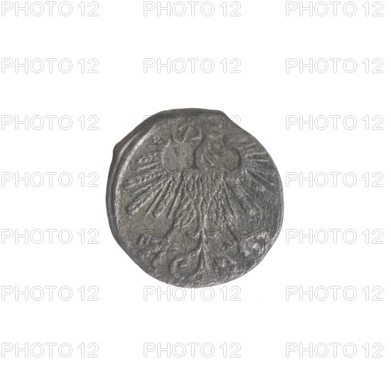 Lithuanian denarius, Sigismund II Augustus (King of Poland; 1544–1572); emblems of the Jagiellons dynasty; Polish eagle and Lithuanian Pursuer emblems. Obverse: Polish Eagle in the rim. Reverse: Lithuanian Pursuer in the rim, below the year 1560. Dated 1560. Minted in Vilnius, Grand Duchy of Lithuania (Poland). Coin; diameter 11.8–12.0 mm; weight 0.3 g.