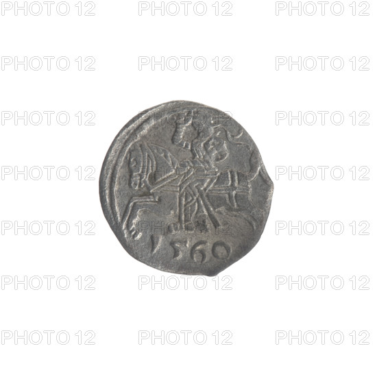 Lithuanian denarius, Sigismund II Augustus (King of Poland; 1544–1572); emblems of the Jagiellon dynasty; Polish coins; eagle (emblem); pursuer (emblem; Lithuania). Obverse: Polish Eagle in the rim. Reverse: Lithuanian Pursuer in the rim, below the year 1560. Date: 1560. Place: Grand Duchy of Lithuania, Vilnius. Coin; diameter 11.8–12.0 mm; weight 0.3 g.