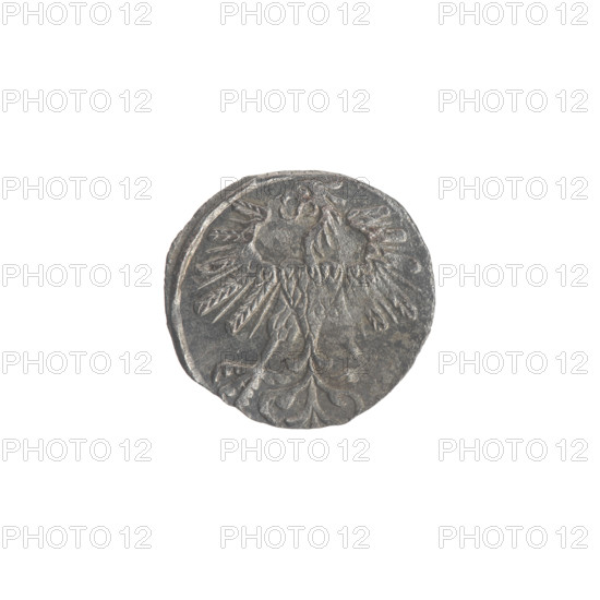Lithuanian denarius, Sigismund II Augustus (King of Poland; 1544–1572); emblems of the Jagiellon dynasty; Polish coin featuring eagles and the Lithuanian Pursuer emblem. Obverse: Polish Eagle in the rim. Reverse: Lithuanian Pursuer in the rim, below the year 1560. Date: 1560. Place: Poland, Grand Duchy of Lithuania, Vilnius. Coin; diameter 11.0–11.5 mm; weight 0.34 g.