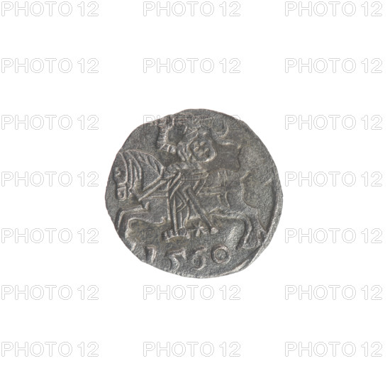 Lithuanian denarius of Sigismund II Augustus (King of Poland, reign 1544–1572); obverse: Polish Eagle in the rim; reverse: Lithuanian Pursuer in the rim, below the year 1560; emblems of the Jagiellon dynasty; subjects: Polish coins, eagles; place: Grand Duchy of Lithuania, Vilnius, Poland; date: 1560; material: coin; diameter: 11.0–11.5 mm; weight: 0.34 g