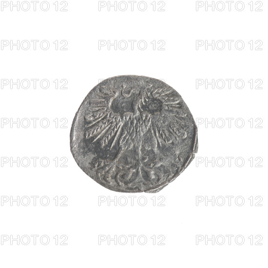 Lithuanian denarius, Sigismund II Augustus (King of Poland; 1544–1572); emblems of the Jagiellon dynasty; Polish coins featuring eagles and Lithuanian Pursuer; obverse: Polish Eagle in the rim; reverse: Lithuanian Pursuer in the rim, below the year 1560; date 1560; Grand Duchy of Lithuania, Vilnius; coin; diameter 11.2 mm and 12.3 mm; weight 0.29 g