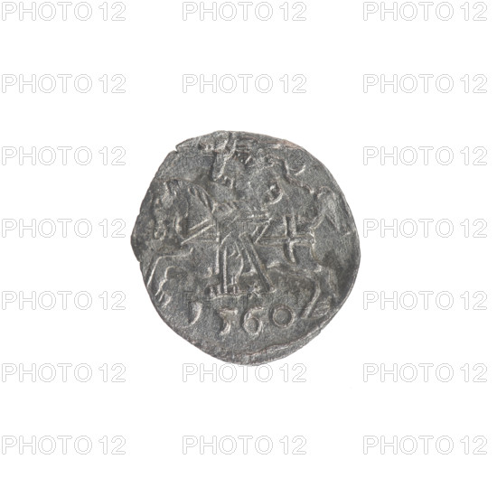 Lithuanian denarius, Sigismund II Augustus (King of Poland; 1544–1572); emblems of the Jagiellon dynasty; Polish eagle and Lithuanian Pursuer emblems. Obverse: Polish eagle in the rim. Reverse: Lithuanian Pursuer in the rim, below the year 1560. Date: 1560. Place: Vilnius, Grand Duchy of Lithuania (Poland–Lithuania). Coin; diameter 11.2–12.3 mm; weight 0.29 g.
