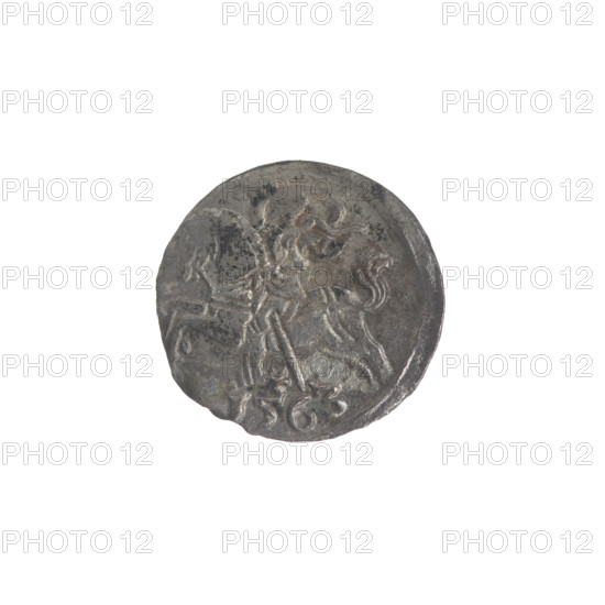 Lithuanian denarius, Sigismund II Augustus (King of Poland; 1544–1572); emblems of the Jagiellon dynasty; Polish coin featuring eagles and the Lithuanian Pursuer. Obverse: Polish eagle in the rim. Reverse: Lithuanian Pursuer in the rim, below the year 1563. Dated 1563. Issued in the Grand Duchy of Lithuania, Vilnius. Coin; diameter 12.0–12.4 mm; weight 0.27 g.