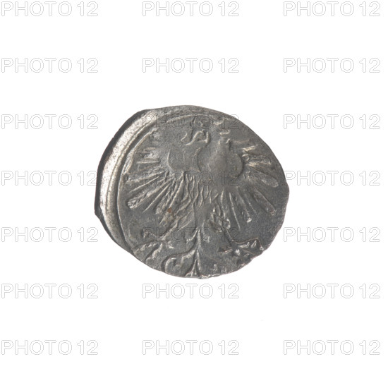 Lithuanian denarius, Sigismund II Augustus (King of Poland; 1544–1572); emblems of the Jagiellons (dynasty); Polish coins; motifs: eagles (Eagle emblem) and Pursuer (Pursuer emblem; Lithuania). Obverse: Polish Eagle in the rim. Reverse: Lithuanian Pursuer in the rim, below the year 1563. Date: 1563. Place: Poland, Grand Duchy of Lithuania, Vilnius. Coin. Diameter: 11.4 mm and 12.8 mm. Weight: 0.32 g.