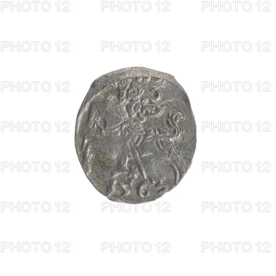 Lithuanian denarius, Sigismund II Augustus (King of Poland; 1544–1572); emblems of the Jagiellons dynasty; Polish coin featuring eagles and the Lithuanian Pursuer emblem. Obverse: Polish Eagle in the rim. Reverse: Lithuanian Pursuer in the rim, below the year 1563. Date: 1563. Place: Poland, Grand Duchy of Lithuania, Vilnius. Coin; diameter 11.4–12.8 mm; weight 0.32 g.