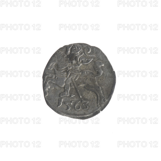Lithuanian denarius, Sigismund II Augustus (King of Poland; 1544–1572); emblems of the Jagiellon dynasty; Polish eagle (obverse, in the rim); Lithuanian pursuer (reverse, in the rim, below the year 1563); dated 1563; struck in Vilnius, Grand Duchy of Lithuania; coin; diameter 11.7–12.4 mm; weight 0.27 g.
