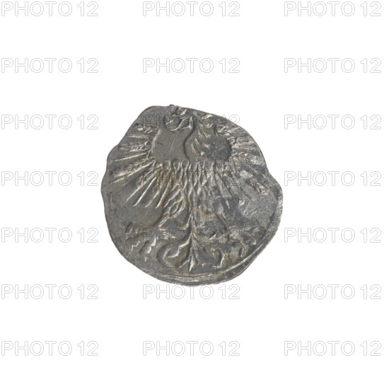 Lithuanian denarius of Sigismund II Augustus (King of Poland, 1544–1572). Obverse: Polish eagle in the rim. Reverse: Lithuanian Pursuer in the rim, below the year 1563. Emblems: Jagiellon dynasty; eagle and Pursuer. Date: 1563. Place: Vilnius, Grand Duchy of Lithuania (Poland–Lithuania). Coin. Diameter: 11.7–12.0 mm. Weight: 0.25 g.
