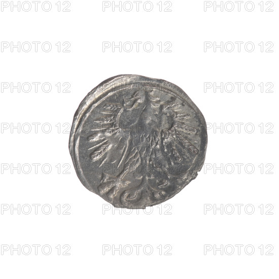 Lithuanian denarius of Sigismund II Augustus (King of Poland, 1544–1572), emblems of the Jagiellon dynasty; obverse: Polish Eagle in the rim; reverse: Lithuanian Pursuer in the rim with the year 1563 below. Silver coin from the Grand Duchy of Lithuania (Vilnius), diameter ~12.3–12.4 mm, weight 0.3 g.