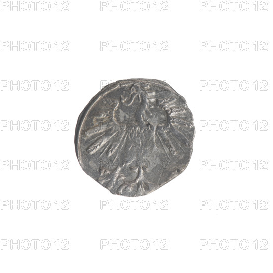 Lithuanian denarius, Sigismund II Augustus (King of Poland; 1544–1572); emblems of the Jagiellon dynasty; Polish Eagle (obverse rim); Lithuanian Pursuer (reverse rim, below the year 1563); dated 1563; struck in Vilnius, Grand Duchy of Lithuania, Poland; coin; diameter 11.0–11.5 mm; weight 0.25 g