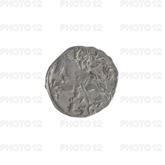 Lithuanian denarius, Sigismund II Augustus (King of Poland; 1544–1572); emblems of the Jagiellon dynasty; Polish eagle and Lithuanian pursuer emblems. Obverse: Polish eagle in the rim. Reverse: Lithuanian pursuer in the rim, below the year 1563. Dated 1563. Minted in Vilnius, Grand Duchy of Lithuania. Coin diameter 11.0–11.5 mm; weight 0.25 g.