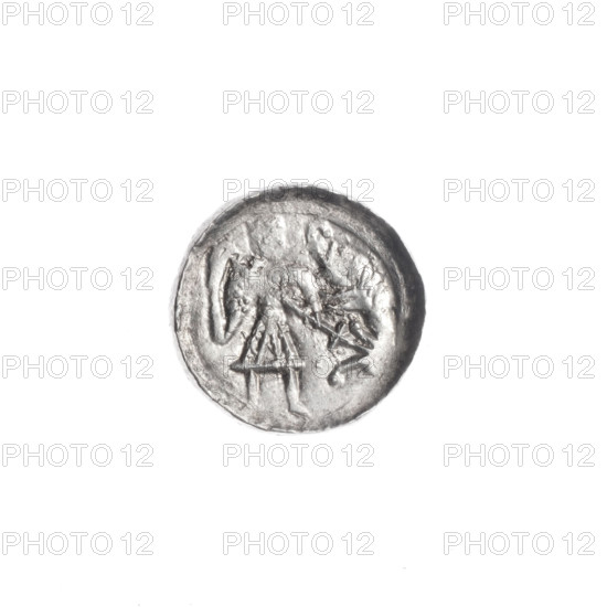 denarius, Boleslaw III Krzywousty (prince of Poland; 1107–1138), Boleslaw III Krzywousty (prince of Poland; 1086–1138), allegories, spearhead (issue mark), chain mail (iconographic), chain mails, crosses, mouth (iconographic), martyrs, equal-armed cross (iconographic), dragons, Romanesque (style), knights, dragon (iconographic), Middle Ages, mouths, knight (iconographic), fight between good and evil (iconographic), fight against pagans (iconographic), spear (iconographic), Adalbert (Saint; ca. 956–997), spears, Obv. In the linear border, a knight in chain mail thrusting a spearhead into the jaws of a dragon turned upside down. Rv. In the triple beaded border, an isosceles cross topped with spheres (one of them has a dot). Between its arms, one sun (one of them has a dot). ca. 1125–1138, Poland, Kraków, coin, diameter 12.8–13.1 mm, weight 0.82 g