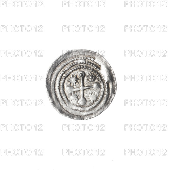 denarius, Boleslaw III Krzywousty (prince of Poland; 1107–1138), Boleslaw III Krzywousty (prince of Poland; 1086–1138), allegories, spearhead (issue mark), chain mail (iconographic), chain mails, crosses, mouth (iconographic), martyrs, equal-armed cross (iconographic), dragons, Romanesque (style), knights, dragon (iconographic), Middle Ages, mouths, knight (iconographic), fight between good and evil (iconographic), fight against pagans (iconographic), spear (iconographic), Adalbert (Saint; ca. 956–997), spears, Obv. In the linear border, a knight in chain mail thrusting a spearhead into the jaws of a dragon turned upside down. Rv. In the triple beaded border, an isosceles cross topped with spheres (one of them has a dot). Between its arms, one sun (one of them has a dot)., ca. 1125–1138, Poland, Kraków, coin, diameter 12.8 mm, diameter 13.1 mm, weight 0.82 g