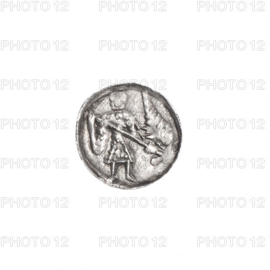 denarius, Boleslaw III Krzywousty (prince of Poland; 1086–1138 / reign 1107–1138), Romanesque style, ca. 1125–1138, Poland, Kraków; coin (denarius), diameter 12.2–12.5 mm, weight 0.46 g. Obverse: in a beaded border, a knight in chain mail thrusting a spearhead into the jaws of an inverted dragon — motifs include knight, chain mail, spearhead, jaws, dragons, fight between good and evil, fight against pagans, martyrs, Adalbert (Saint, ca. 956–997). Reverse: in a triple beaded border, an isosceles cross topped with crossbars, a dot at the intersection of the arms, with radiating spheres (smaller near center, larger outward). State of preservation: very good.