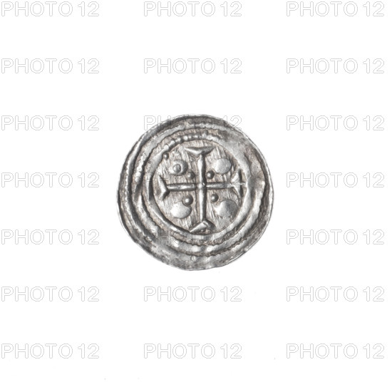 Denarius of Boleslaw III Krzywousty (prince of Poland; ca. 1107–1138 / 1086–1138). Obverse: in a beaded border, a knight in chain mail thrusting a spearhead into the jaws of an upside-down dragon. Reverse: in a triple beaded border, an isosceles cross topped with crossbars, a dot at the intersection of the arms, with four radiating spheres (smaller ones nearer the center, larger ones farther out). Iconography: spearhead (issue mark), equal-armed cross, crosses, chain mail, knight, dragon, jaws, spears; themes of martyrs, fight between good and evil, fight against pagans. Romanesque style. Attributed to Saint Adalbert (ca. 956–997) imagery. Date: ca. 1125–1138. Place: Kraków, Poland. Coin; diameter 12.2–12.5 mm; weight 0.46 g. State of preservation: very good.