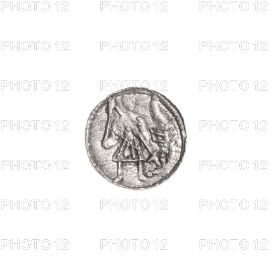 denarius, Boleslaw III Krzywousty (prince of Poland; 1086–1138), allegories, spearhead (issue mark), equal-armed cross, chain mail, crosses, jaws, martyrs, Romanesque (style), knight, dragons, Adalbert (St.; ca. 956–997), Middle Ages, fight against pagans, fight between good and evil, spear, spears. Obverse: in the beaded border, a knight in chain mail thrusting a spearhead into the jaws of a dragon turned upside down. Reverse: in the triple beaded border, an isosceles cross topped with balls; a ball at the intersection of the arms; between its arms one ball (two of them have one dot each, the other two possibly as well — the blurred field of the coin in this part makes observation difficult). ca. 1125–1138, Kraków, Poland; coin; diameter 11.6–11.8 mm; weight 0.39 g.