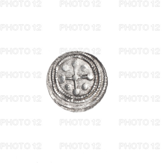 denarius, Boleslaw III Krzywousty (prince of Poland; 1107–1138), allegories, spearhead (issue mark), equal-armed cross, chain mail, crosses, jaws, martyrs, Romanesque (style), knight, dragons, Adalbert (St.; ca. 956–997), Middle Ages, fight against pagans, fight between good and evil, spear, spears. Obverse: in the beaded border, a knight in chain mail thrusting a spearhead into the jaws of a dragon turned upside down. Reverse: in the triple beaded border, an isosceles cross topped with balls; a ball at the intersection of the arms; between its arms one ball (two of them have one dot each, the other two possibly as well — the blurred field makes observation difficult). ca. 1125–1138, Kraków, Poland; coin; diameter 11.6–11.8 mm; weight 0.39 g.