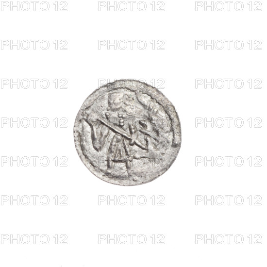 denarius, Boleslaw III Krzywousty (prince of Poland; 1107–1138), Romanesque style, ca. 1125–1138, Kraków, Poland; coin; diameter 12.5 mm; weight 0.32 g. Obv.: in the beaded border, a knight in chain mail thrusting a spearhead into the jaws of an upside-down dragon; a ball on the knight's belt. Rv.: in the triple beaded border, an isosceles cross topped with balls (one with a dot); between its arms one ball (two with a dot). Subjects/allegories: equal-armed cross, spearhead (issue mark), chain mail, crosses, jaws, martyrs, knight, dragon, fight between good and evil, Adalbert (Saint; ca. 956–997), fight against pagans, spear(s).