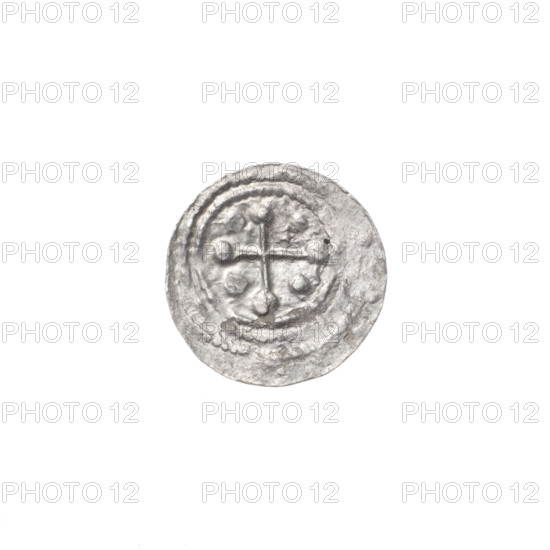 denarius, Boleslaw III Krzywousty (prince of Poland; 1086–1138), Romanesque style, ca. 1125–1138, Kraków, Poland. Obverse: in the beaded border, a knight in chain mail thrusting a spearhead into the jaws of an upside-down dragon; a ball on the knight's belt. Reverse: in the triple beaded border, an isosceles cross topped with balls (one with a dot); between its arms is one ball (two of them have a dot). Subjects/allegories: knights, dragon, fight between good and evil; references to Adalbert (Saint; ca. 956–997) and martyrs. Coin; diameter 12.5 mm; weight 0.32 g.