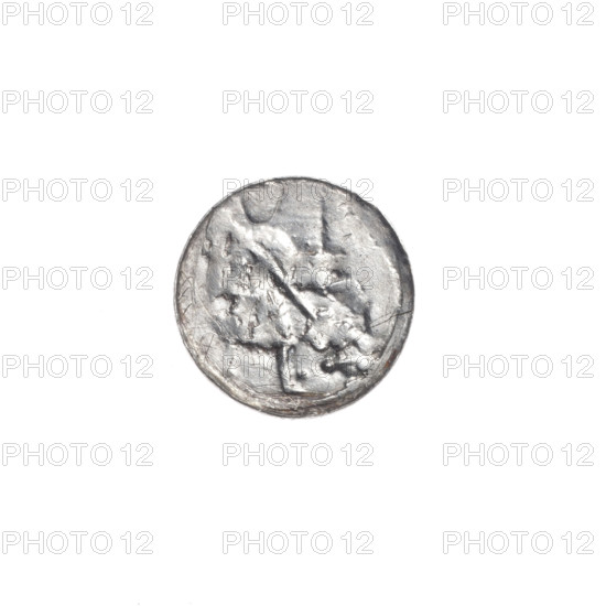 Denarius of Boleslaw III Krzywousty (prince of Poland, c. 1086–1138), c. 1125–1138. Obverse: within a linear border, a knight in chain mail thrusting a spearhead into the jaws of an upside-down dragon; a dot beside the knight's left foot. Reverse: within a triple beaded border, an isosceles cross topped with balls; between its arms are balls (two showing a dot); one arm intersects the other at approximately one-third of its length. Iconography: spearhead (issue mark), equal-armed cross, chain mail, knight, dragon, martyrs, fight between good and evil, fight against pagans, Saint Adalbert referenced. Romanesque style. Coin (Poland, Kraków), diameter approx. 12.2–12.4 mm, weight 0.50 g.