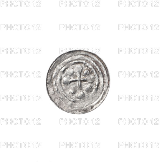 Denarius, Boleslaw III Krzywousty (prince of Poland; r. 1107–1138). Obverse: within a linear border, a knight in chain mail thrusting a spearhead into the jaws of an upside-down dragon; above the knight's left foot, on its outer side, a dot. Reverse: within a triple beaded border, an isosceles cross topped with balls; between its arms, one ball (two of them have one dot); one arm intersects the other at approximately 1/3 of its length. Iconography: knight, dragon, spears, martyrs, fight against pagans, fight between good and evil; Romanesque style; references to Adalbert (Saint; ca. 956–997). Date: c. 1125–1138. Place: Kraków, Poland. Coin (denarius). Diameter: 12.2–12.4 mm. Weight: 0.50 g.