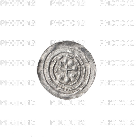Denarius of Boleslaw III Krzywousty (prince of Poland; ca. 1125–1138). Obverse: in a linear border, a knight in chain mail thrusting a spearhead into the mouth of an upside-down dragon with a stylized tail. Reverse: in a triple beaded border, an isosceles cross topped with balls (two of them have one dot each; the others are unclear due to blurring); additional ball between its arms. Iconography: spearhead, chain mail, equal-armed cross, crosses, martyrs, knight, dragons, mouth, dragon, knights, mouths, Adalbert (Saint; ca. 956–997), fight against pagans, spear, fight between good and evil. Style: Romanesque; date ca. 1125–1138; place: Kraków, Poland. Coin (denarius), diameter 13.0–13.6 mm, weight 0.37 g.