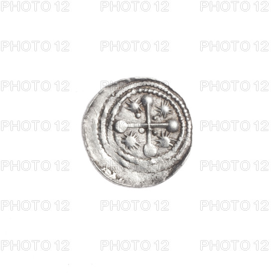 denarius, Boleslaw III Krzywousty (prince of Poland; 1086–1138), allegories, equal-armed cross, chain mail, spearhead (issue mark), crosses, jaws, martyrs, knight, Romanesque (style), dragons, knights, dragon, Middle Ages, fight between good and evil, Adalbert (Saint; ca. 956–997), spear, fight against pagans. Obv.: In the beaded border, a knight in chain mail thrusting a spearhead into the jaws of a dragon turned upside down. Rv.: In the triple beaded border, an isosceles cross topped with balls; between its arms, one dot closer to the center, one sun closer to the ends. ca. 1125–1138, Poland, Kraków, coin, diameter 12.6–12.8 mm, weight 0.35 g
