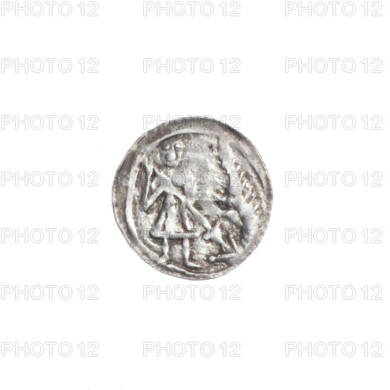 denarius, Boleslaw III Krzywousty (prince of Poland; 1107–1138), allegories, spearhead (issue mark), chain mail (iconographic), crosses, jaws (iconographic), equal-armed cross (iconographic), knight (iconographic), martyrs, Romanesque (style), dragons, dragon (iconographic), Middle Ages, Adalbert (Saint; ca. 956–997), fight between good and evil (iconographic), fight against pagans (iconographic), spears, spear (iconographic). Obv.: In the linear border, a knight in chain mail thrusting a spearhead into the jaws of a dragon turned upside down. Rv.: In the triple beaded border, an isosceles cross topped with balls; between its arms, one ball (two of them with one dot). ca. 1125–1138. Poland, Kraków. Coin. Diameter 12.8–13.0 mm. Weight 0.41 g.