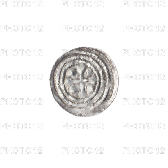denarius, Boleslaw III Krzywousty (prince of Poland; 1107–1138), allegories, Boleslaw III Krzywousty (prince of Poland; 1086–1138), spearhead (issue mark), chain mail (iconographic), crosses, jaws (iconographic), equal-armed cross (iconographic), chain mail, knight (iconographic), martyrs, Romanesque (style), dragons, knights, jaws, dragon (iconographic), Middle Ages, Adalbert (Saint; ca. 956–997), fight between good and evil (iconographic), fight against pagans (iconographic), spears, spear (iconographic). Obv. In the linear border, a knight in chain mail thrusting a spearhead into the jaws of a dragon turned upside down. Rv. In the triple beaded border, an isosceles cross topped with balls. Between its arms, one ball (two of them with one dot). ca. 1125–1138, Poland, Kraków, coin, diameter 12.8–13.0 mm, weight 0.41 g