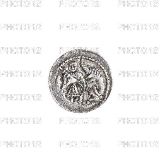 denarius, Boleslaw III Krzywousty (prince of Poland ; 1107-1138), allegories, Boleslaw III Krzywousty (prince of Poland ; 1086-1138), equal-armed cross, crosses, chain mail, chain mail, spearhead (issue mark), jaw, knight, martyrs, Romanesque (style), dragons, knights, jaws, dragon, Middle Ages, Adalbert (St. ; ca 956-997), Jastrzebowski, Stanislaw (1898-1980), spears, spear, fight against pagans, fight between good and evil, Obv. In the beaded border, a knight in chain mail thrusting a spearhead into the jaws of a dragon turned upside down. Rv. In the triple beaded border, an isosceles cross topped with balls. Between its arms, one sun., ca. 1125 - 1138, Poland, Kraków, coin, diameter 12.2 mm, diameter 12.6 mm, weight 0.71 g