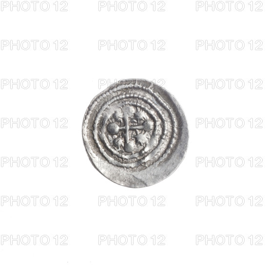 denarius, Boleslaw III Krzywousty (prince of Poland; 1086–1138), allegories, equal-armed cross, crosses, chain mail, spearhead (issue mark), jaw, knight, martyrs, Romanesque (style), dragons, knights, jaws, dragon, Middle Ages, Adalbert (St.; ca. 956–997), spears, spear, fight against pagans, fight between good and evil. Obv.: In the beaded border, a knight in chain mail thrusting a spearhead into the jaws of a dragon turned upside down. Rv.: In the triple beaded border, an isosceles cross topped with balls; between its arms, one sun. ca. 1125–1138, Poland, Kraków, coin; diameter 12.2–12.6 mm, weight 0.71 g
