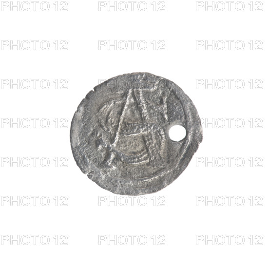 Lithuanian obol, Sigismund II Augustus (King of Poland; 1544–1572), Jagiellonians (dynasty). Silver coin (obol) with coats of arms, heraldic shields, monograms, tied monograms, Columns of Gediminas (coat of arms). Obverse: in the rim under the ducal mitre a tied monogram composed of the letters SA Rw; in the rim a shield with the Columns coat of arms; on the sides the year 1546 (5 - 46). Grand Duchy of Lithuania, Vilnius, Poland. Diameter 11.7–13.0 mm; weight 0.25 g.
