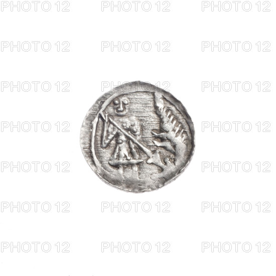 denarius, Boleslaw III Krzywousty (prince of Poland; 1086–1138), allegories, spearhead (issue mark), chain mail (iconographic), crosses, equal-armed cross (iconographic), chain mail, jaws (iconographic), knight (iconographic), martyrs, dragons, Romanesque (style), knights, jaws, Middle Ages, dragon (iconographic), Adalbert (Saint; ca. 956–997), fight between good and evil (iconographic), spears, fight against pagans (iconographic), spear (iconographic). Obv.: In the linear border, a knight in chain mail thrusting a spearhead into the jaws of a dragon turned upside down. Rv.: In the triple beaded border, an isosceles cross topped with balls (two of them with one dot each). Between its arms, one ball (each with one dot). ca. 1125–1138. Poland, Kraków. Coin. Diameter 12.5–13.0 mm. Weight 0.54 g.