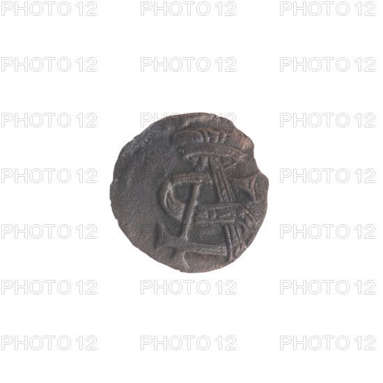 Lithuanian obol, Sigismund II Augustus (King of Poland; 1544–1572), Jagiellonians (dynasty); Polish coin. Obverse: in the rim under the ducal mitre a tied monogram composed of the letters SA Rw; in the rim a shield with the Columns of Gediminas coat of arms, above the shield the year 1547. Grand Duchy of Lithuania, Vilnius. Coin, diameter 10.8–11.0 mm, weight 0.2 g.
