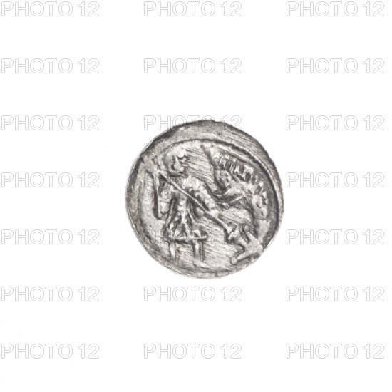 denarius, Boleslaw III Krzywousty (prince of Poland; 1086–1138), allegories, chain mail (iconographic), crosses, equal-armed cross (iconographic), spearhead (issue mark), jaws (iconographic), knight (iconographic), martyrs, dragons, Romanesque (style), knights, dragon (iconographic), Middle Ages, Adalbert (St.; ca. 956–997), fight between good and evil (iconographic), fight against pagans (iconographic), spear (iconographic). Obv. In the beaded border, a knight in chain mail thrusting a spearhead into the jaws of a dragon turned upside down. Rv. In the triple beaded border, an isosceles cross topped with balls; between its arms, one ball (one dot on each). ca. 1125–1138. Poland, Kraków. Coin. Diameter 12.6–12.8 mm. Weight 0.49 g.