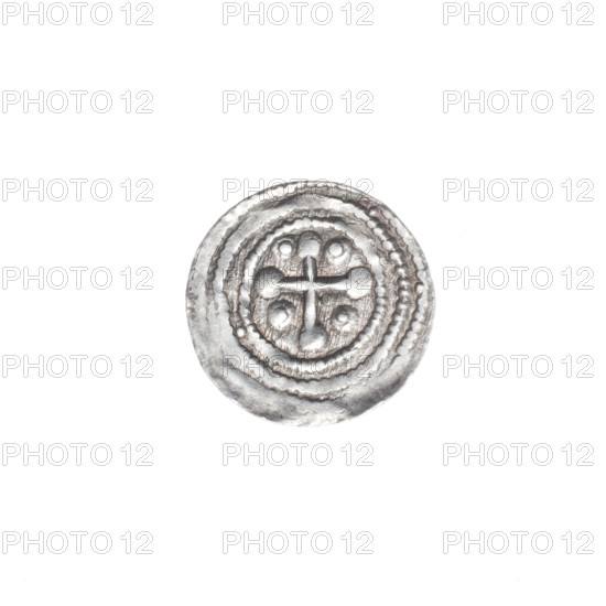 Denarius of Boleslaw III Krzywousty (prince of Poland; 1086–1138). Obverse: in the beaded border, a knight in chain mail thrusting a spearhead into the jaws of an upside-down dragon. Reverse: in the triple beaded border, an isosceles equal-armed cross topped with balls; between its arms one ball (one dot on each). Iconography: knight, chain mail, spear/spearhead, dragon, jaws, crosses, martyrs, fight between good and evil, fight against pagans; Romanesque style. St. Adalbert referenced. Date ca. 1125–1138. Poland, Kraków. Silver coin (denarius). Diameter 12.6–12.8 mm. Weight 0.49 g.