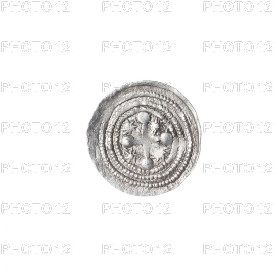 denarius, Boleslaw III Krzywousty (prince of Poland; 1086–1138), allegories, equal-armed cross, crosses, spearhead (issue mark), jaws, chain mail, martyrs, knight, Romanesque (style), dragons, Middle Ages, fight between good and evil, fight against pagans, spears, spear, Adalbert (Saint; ca. 956–997), very good (state of preservation). Obv.: In the beaded border, a knight in chain mail thrusting a spearhead into the jaws of a dragon turned upside down. Rv.: In the triple beaded border, an isosceles cross topped with spheres (one of them with a dot). Between its arms, one sun (two of them with a dot). ca. 1125–1138, Poland, Kraków; coin; diameter 12.7–13.0 mm; weight 0.70 g