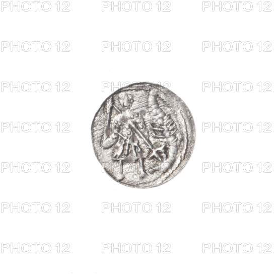 denarius, Boleslaw III Krzywousty (prince of Poland ; 1086-1138), allegories, spearhead (issue mark), crosses, jaws (iconographic), equal-armed cross (iconographic), chain mail, chain mail (iconographic), martyrs, knight (iconographic), jaws, Romanesque (style), knights, dragons, dragon (iconographic), Middle Ages, spear (iconographic), fight against pagans (iconographic), Adalbert (Saint ; ca 956-997), fight between good and evil (iconographic), Obv. In the beaded border, a knight in chain mail thrusting a spearhead into the jaws of a dragon turned upside down. Rv. In the triple beaded border, an isosceles cross topped with balls (one of them with a dot). At the intersection of the arms, a ball with a dot. Between them, one ball (two of them with a dot)., ca. 1125 - 1138, Poland, Kraków, coin, diameter 11.7 mm, diameter 11.9 mm, weight 0.36 g