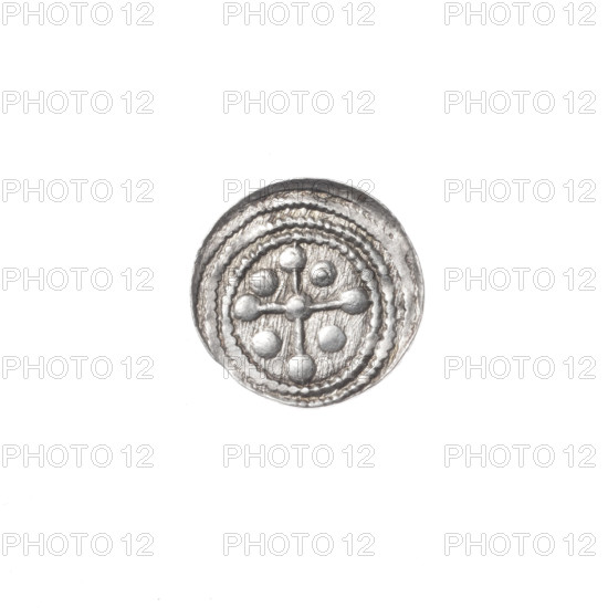 denarius, Boleslaw III Krzywousty (prince of Poland; 1086–1138), allegories, spearhead (issue mark), crosses, jaws (iconographic), equal-armed cross (iconographic), chain mail, chain mail (iconographic), martyrs, knight (iconographic), jaws, Romanesque (style), knights, dragons, dragon (iconographic), Middle Ages, spear (iconographic), fight against pagans (iconographic), Adalbert (Saint; ca. 956–997), fight between good and evil (iconographic). Obv.: in the beaded border, a knight in chain mail thrusting a spearhead into the jaws of a dragon turned upside down. Rv.: in the triple beaded border, an isosceles cross topped with balls (one of them with a dot). At the intersection of the arms, a ball with a dot. Between them, one ball (two of them with a dot). ca. 1125–1138. Poland, Kraków. Coin. Diameter 11.7–11.9 mm. Weight 0.36 g.