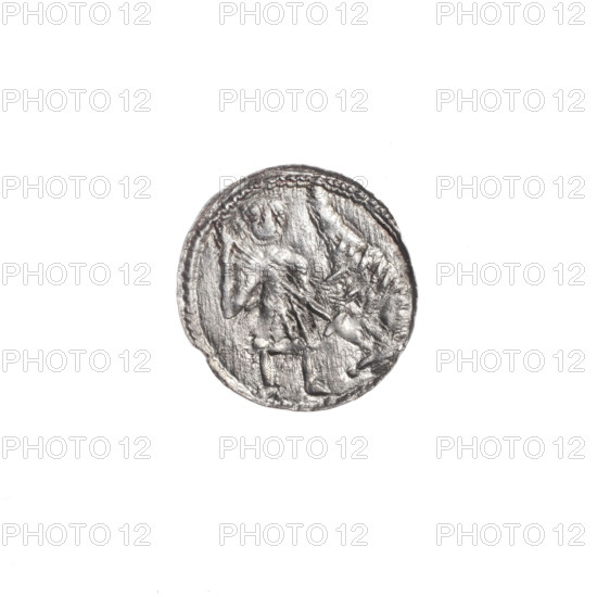 denarius, Boleslaw III Krzywousty (prince of Poland; 1086–1138/1107–1138), allegories, equal-armed cross, crosses, spearhead (issue mark), jaw, chain mail, martyrs, knight, Romanesque (style), jaws, knights, dragons, dragon, fight between good and evil, Middle Ages, fight against pagans, Adalbert (Saint; ca. 956–997), spears, spear. Obv.: In the beaded border, a knight in chain mail thrusting a spearhead into the jaws of a dragon turned upside down. Rv.: In the triple beaded border, an isosceles cross topped with balls; between its arms radiate two balls (smaller ones closer to the center, larger ones farther out). ca. 1125–1138, Poland, Kraków, coin, diameter 12.2–12.9 mm, weight 0.40 g