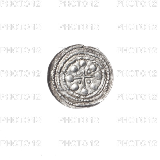 denarius, Boleslaw III Krzywousty (prince of Poland; 1107–1138), allegories, Boleslaw III Krzywousty (prince of Poland; 1086–1138), equal-armed cross, crosses, spearhead (issue mark), jaw, chain mail, chain mails, martyrs, knight, Romanesque (style), jaws, knights, dragons, dragon, fight between good and evil, Middle Ages, fight against pagans, Adalbert (Saint; ca. 956–997), spears, spear, Obv. In the beaded border, a knight in chain mail thrusting a spearhead into the jaws of a dragon turned upside down. Rv. In the triple beaded border, an isosceles cross topped with balls. Between its arms radiate two balls (smaller ones closer to the center of the cross, larger ones). ca. 1125–1138, Poland, Kraków, coin, diameter 12.2 mm, diameter 12.9 mm, weight 0.40 g