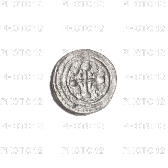 denarius, Boleslaw III Krzywousty (prince of Poland; 1107–1138), Boleslaw III Krzywousty (prince of Poland; 1086–1138), spearhead (issue mark), allegories, crosses, chain mail (iconographic), martyrs, equal-armed cross (iconographic), mouth (iconographic), Romanesque (style), mouths, knights, dragon (iconographic), knight (iconographic), dragons, Middle Ages, fight between good and evil (iconographic), fight against pagans (iconographic), spear (iconographic), Adalbert (Saint; ca. 956–997), spears. Obv.: In the beaded border, a knight in chain mail thrusting a spearhead into the jaws of a dragon turned upside down. Rv.: In the triple beaded border, an isosceles cross topped with balls; between its arms, one dot closer to the center, one sun closer to the ends. ca. 1125–1138, Kraków, Poland; coin; diameter 12.1–12.8 mm; weight 0.37 g