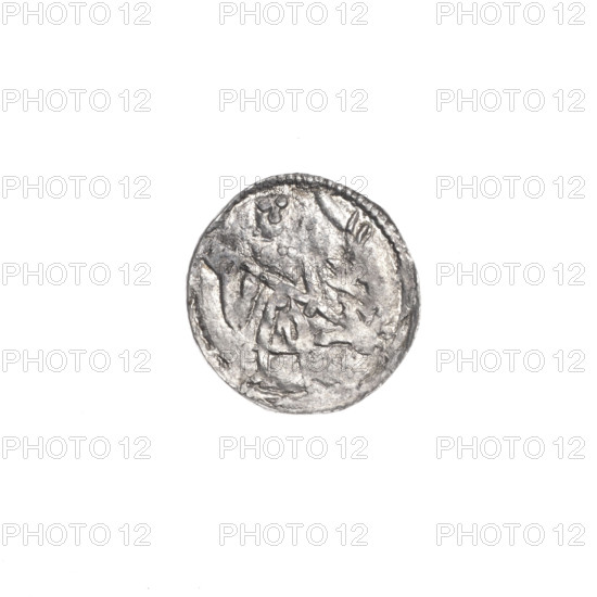 denarius, Boleslaw III Krzywousty (prince of Poland; 1086–1138), allegories, chainmail, equal-armed cross, crosses, spearhead (issue mark), mouth, martyrs, Romanesque (style), chainmail, knight, dragons, knights, dragon, mouths, Middle Ages, fight against pagans, fight between good and evil, Adalbert (Saint; ca. 956–997), spear, spears; Obv. In the beaded border, a knight in chain mail thrusting a spearhead into the jaws of a dragon turned upside down. A ball is on the knight's belt. Rv. In the triple beaded border, an isosceles cross topped with balls. Between its arms, one ball. Additionally, in one quarter, by the ball at the end of the cross arm, a dot. ca. 1125–1138; Poland, Kraków; coin; diameter 12.1–12.8 mm; weight 0.43 g