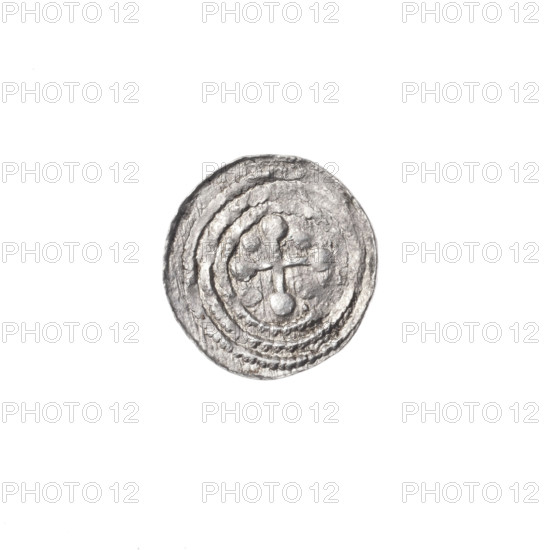 denarius, Boleslaw III Krzywousty (prince of Poland; 1086–1138), allegories, chainmail, equal-armed cross, crosses, spearhead (issue mark), mouth, martyrs, Romanesque (style), knight, dragons, dragon, mouths, Middle Ages, fight against pagans, fight between good and evil, Adalbert (Saint; ca. 956–997), spear, spears; Obv. In the beaded border, a knight in chain mail thrusting a spearhead into the jaws of a dragon turned upside down. A ball is on the knight's belt. Rv. In the triple beaded border, an isosceles cross topped with balls. Between its arms, one ball. Additionally, in one quarter, by the ball at the end of the cross arm, a dot. ca. 1125–1138, Poland, Kraków; coin; diameter 12.1–12.8 mm; weight 0.43 g
