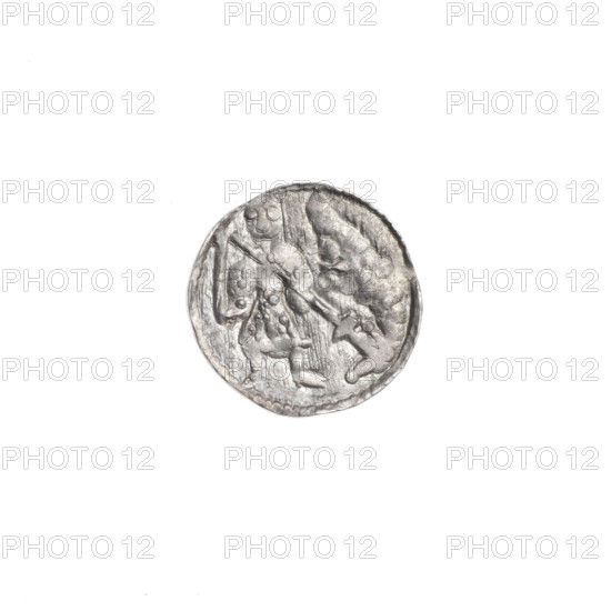 Denarius, Boleslaw III Krzywousty (prince of Poland; 1086–1138). Romanesque silver coin, ca. 1125–1138, Poland, Kraków. Diameter 11.8–12.1 mm, weight 0.47 g. Obverse (in beaded border): a knight in chain mail thrusting a spearhead into the jaws of an upside-down dragon. Reverse (in triple beaded border): an isosceles cross topped with balls (one with a dot); at the intersection of the arms a ball; one arm intersects the other at approx. one-third of its length. Iconography: knight, chain mail, spear/spearhead, dragon, fight between good and evil, martyrs; allegorical depiction related to fight against pagans; inscriptions/marks include equal-armed cross and issue mark.