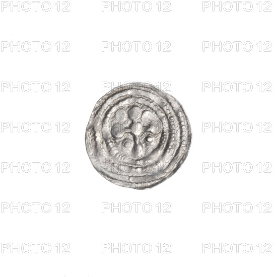 Denarius, Boleslaw III Krzywousty (prince of Poland; 1107–1138). Romanesque style, ca. 1125–1138, Poland, Kraków. Coin (obverse): in the beaded border, a knight in chain mail thrusting a spearhead into the jaws of an upside-down dragon. (Reverse): in the triple beaded border, an isosceles cross topped with balls (one with a dot). At the intersection of the arms, a ball; between the arms, one ball (two with a dot). One arm intersects the other at approx. 1/3 of its length. Motifs: allegories, crosses, equal-armed cross, spearhead (issue mark), chain mail, jaws, martyrs, knight, knights, dragon, fight between good and evil, Middle Ages, fight against pagans, spear, dragons, spears, Wojciech (St.; ca. 956–997). Diameter: 11.8–12.1 mm. Weight: 0.47 g.